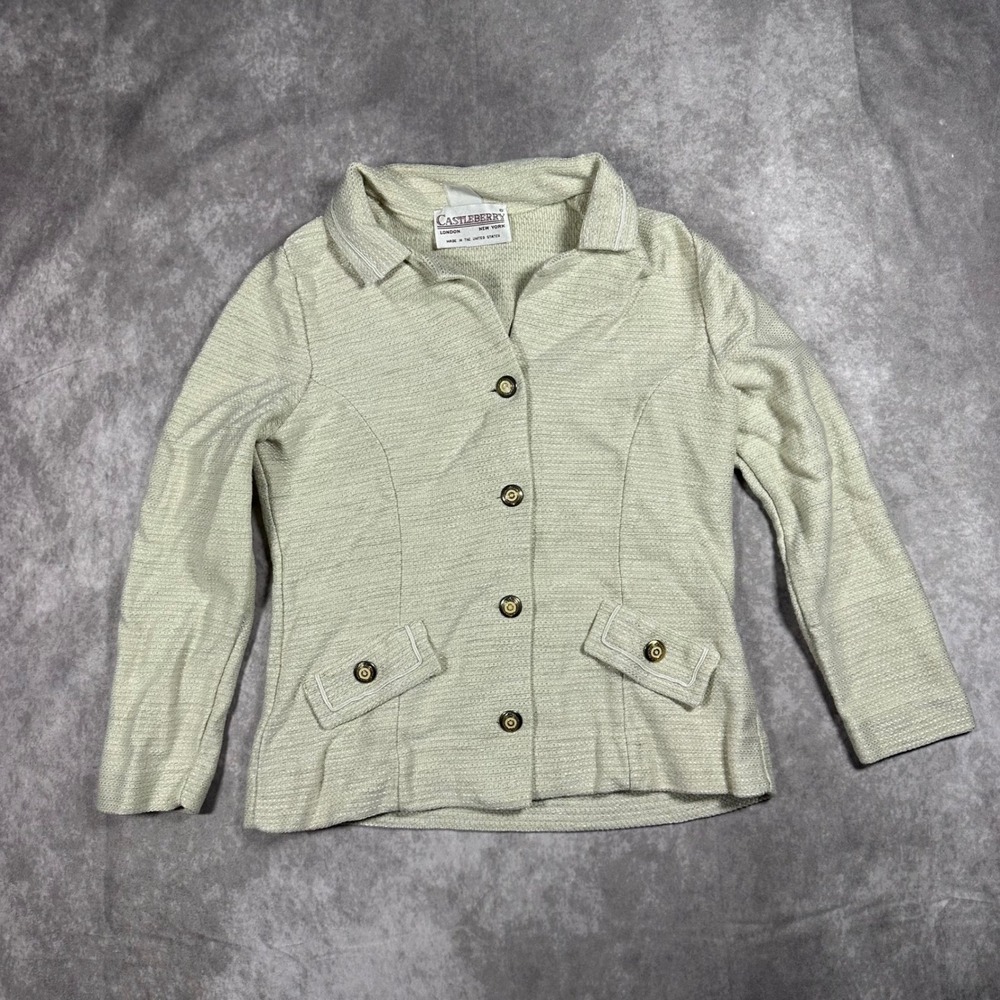 Castleberry Vintage Ivory Knit Blazer Jacket Gold Crest Buttons Size 14 USA Made
